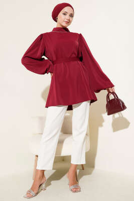Balon Kol Saten Tunik Bordo - Tunik