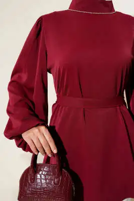 Balon Kol Saten Tunik Bordo - Tunik