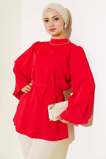 Balon Kol Saten Tunik Kırmızı - Tunik