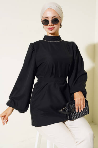Balon Kol Saten Tunik Siyah - Tunik