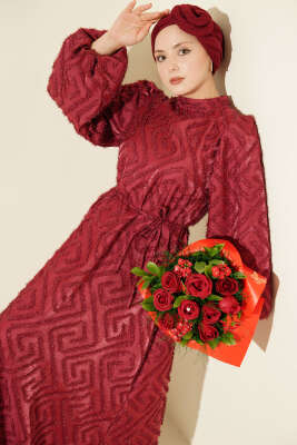 Balon Kol Sim Sakallı Abiye Elbise Bordo - VAV TEKSTİL