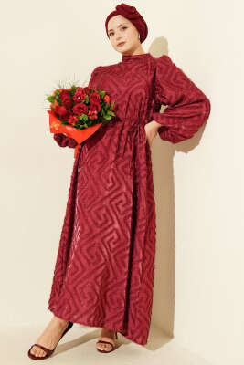 Balon Kol Sim Sakallı Abiye Elbise Bordo - Elbise