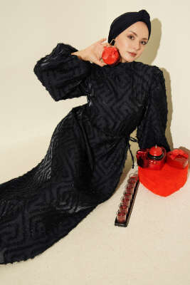 Balon Kol Sim Sakallı Abiye Elbise Lacivert - VAV TEKSTİL