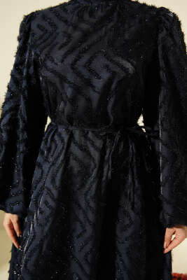 Balon Kol Sim Sakallı Abiye Elbise Lacivert - Elbise