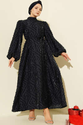 Balon Kol Sim Sakallı Abiye Elbise Lacivert - Elbise