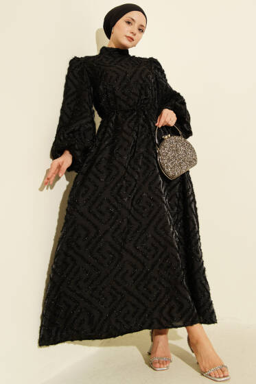 Balon Kol Sim Sakallı Abiye Elbise Siyah - Elbise