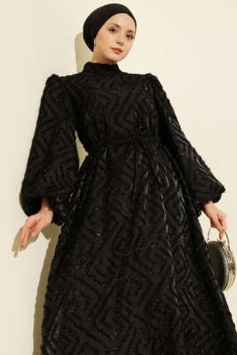 Balon Kol Sim Sakallı Abiye Elbise Siyah - Elbise