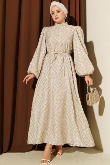 Balon Kol Sim Sakallı Abiye Elbise Taş - Elbise