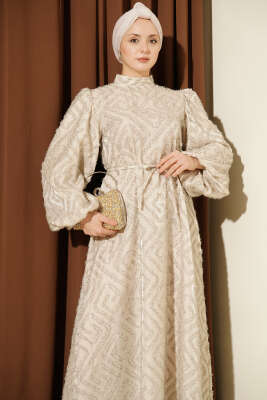 Balon Kol Sim Sakallı Abiye Elbise Taş - Elbise