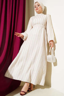 Balon Kol Sim Sakallı Elbise Ekru - MUSTİ