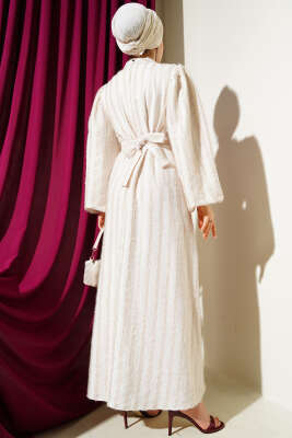 Balon Kol Sim Sakallı Elbise Ekru - Tesettür Elbise