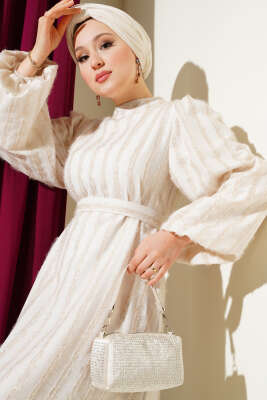 Balon Kol Sim Sakallı Elbise Ekru - Tesettür Elbise