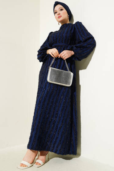 Balon Kol Sim Sakallı Elbise Lacivert - Elbise