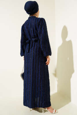 Balon Kol Sim Sakallı Elbise Lacivert - Tesettür Elbise