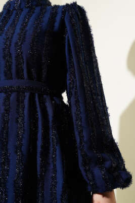 Balon Kol Sim Sakallı Elbise Lacivert - Tesettür Elbise