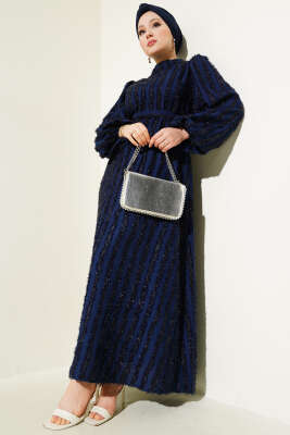 Balon Kol Sim Sakallı Elbise Lacivert 