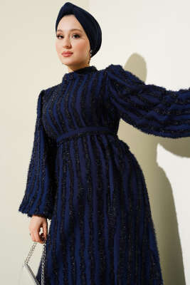 Balon Kol Sim Sakallı Elbise Lacivert - Tesettür Elbise