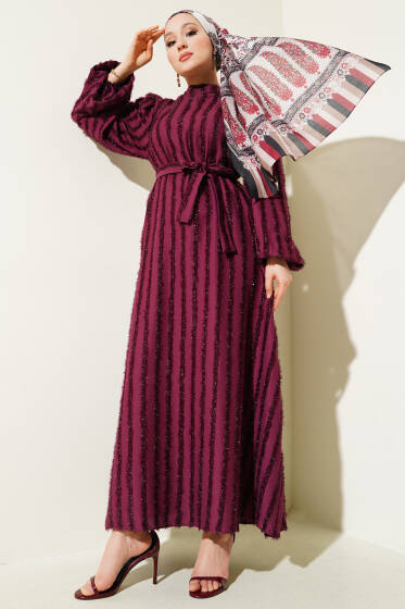 Balon Kol Sim Sakallı Elbise Mor - Tesettür Elbise