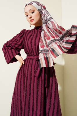 Balon Kol Sim Sakallı Elbise Mor - Tesettür Elbise