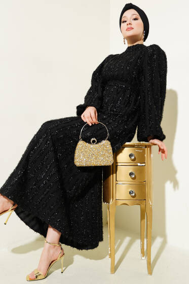 Balon Kol Sim Sakallı Elbise Siyah - Elbise