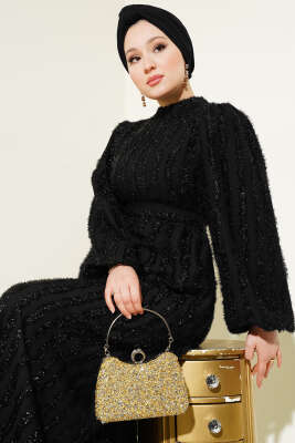 Balon Kol Sim Sakallı Elbise Siyah - Tesettür Elbise