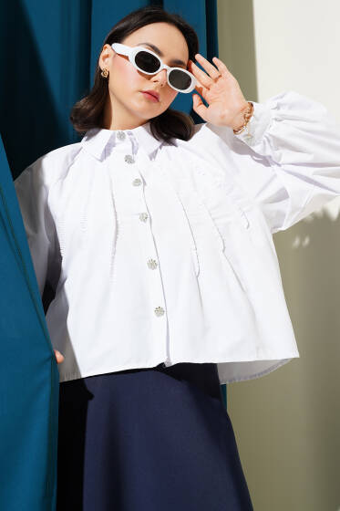 Balon Kol Taş Düğmeli Kısa Gömlek Beyaz - Gömlek