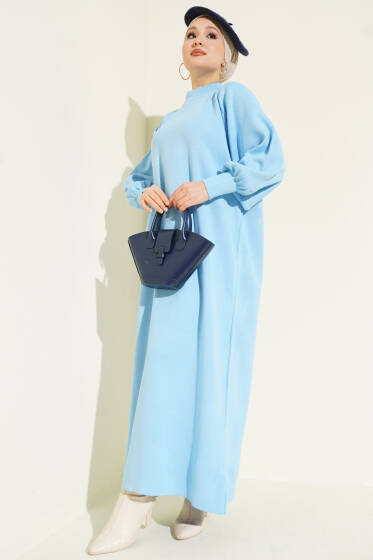 Balon Kol Triko Elbise Bebe Mavi - Elbise