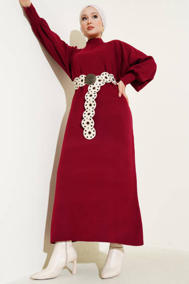 Balon Kol Triko Elbise Bordo - Elbise