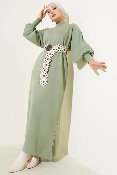 Balon Kol Triko Elbise Çağla Yeşili - Elbise