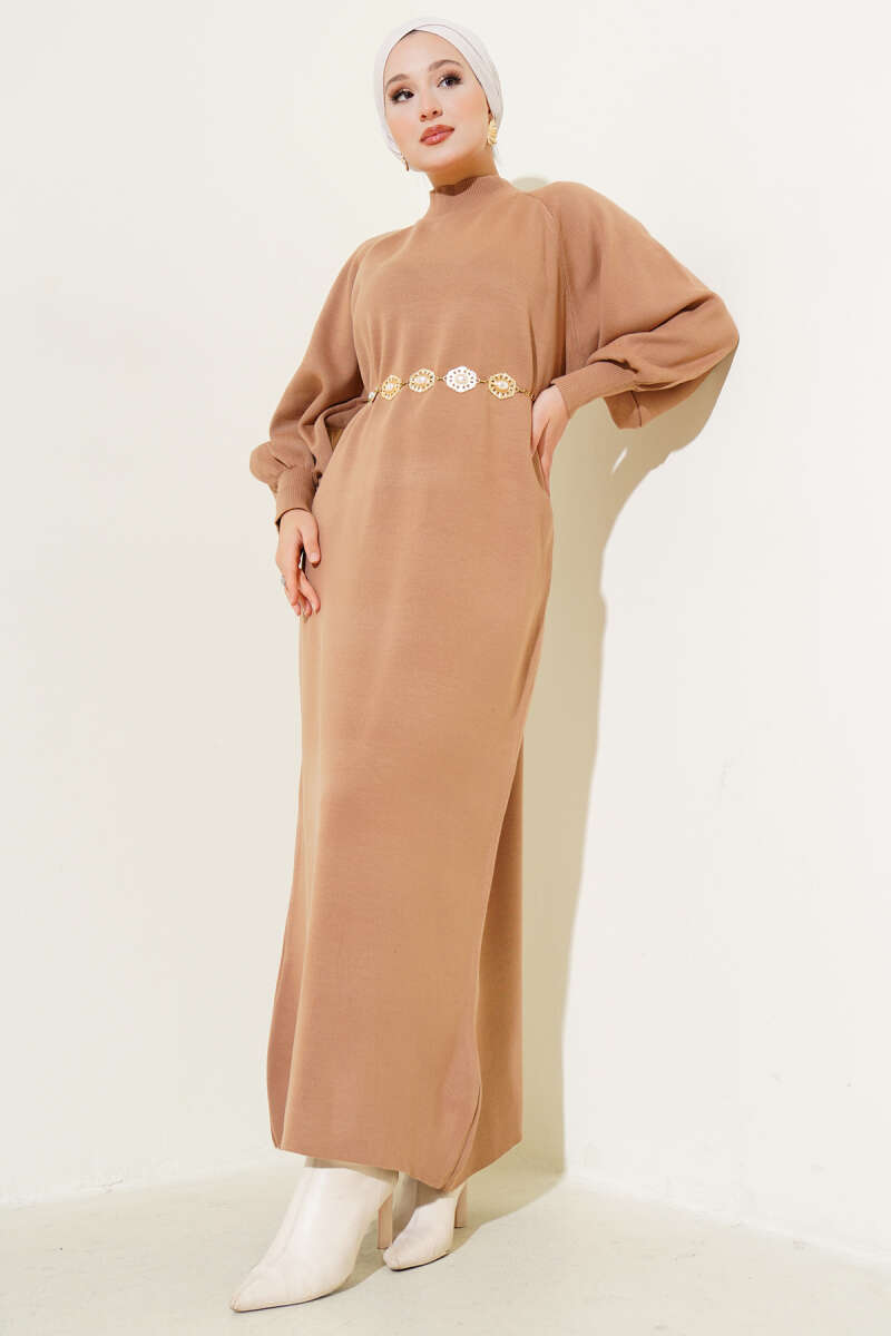 Balon Kol Triko Elbise Camel