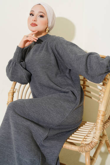 Balon Kol Triko Elbise Füme - Elbise