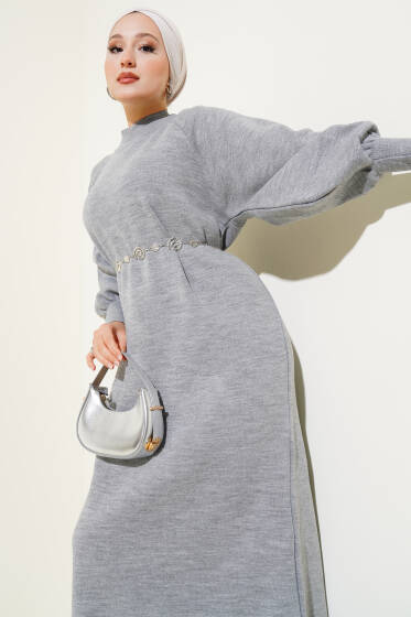 Balon Kol Triko Elbise Gri - Elbise