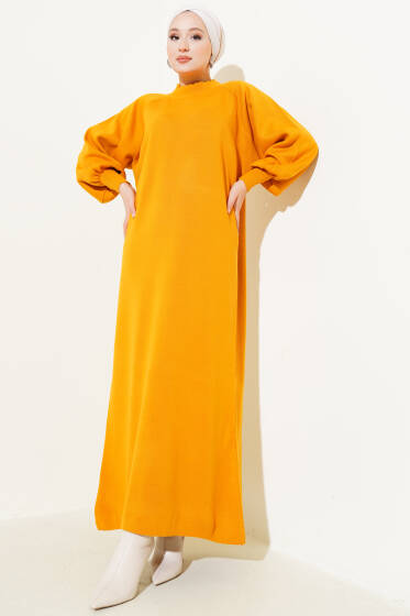 Balon Kol Triko Elbise Hardal - Elbise