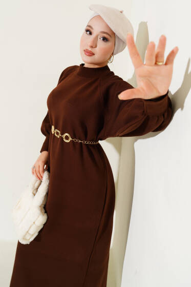 Balon Kol Triko Elbise Kahve - Elbise