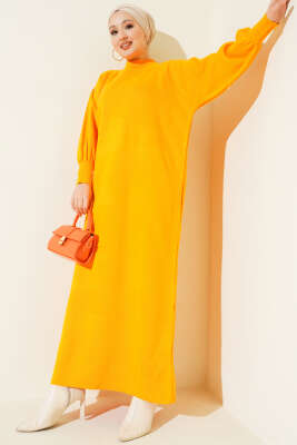 Balon Kol Triko Elbise Kehribar 