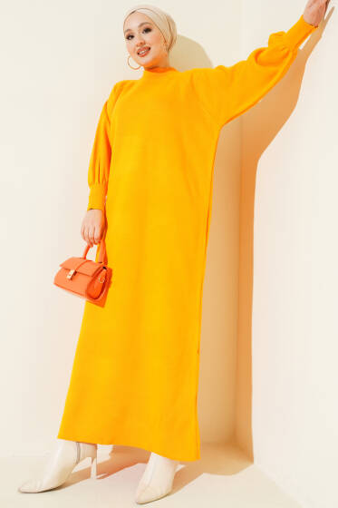 Balon Kol Triko Elbise Kehribar - Elbise