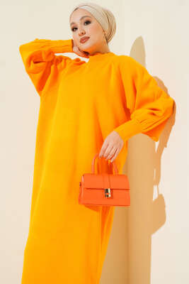 Balon Kol Triko Elbise Kehribar - Elbise