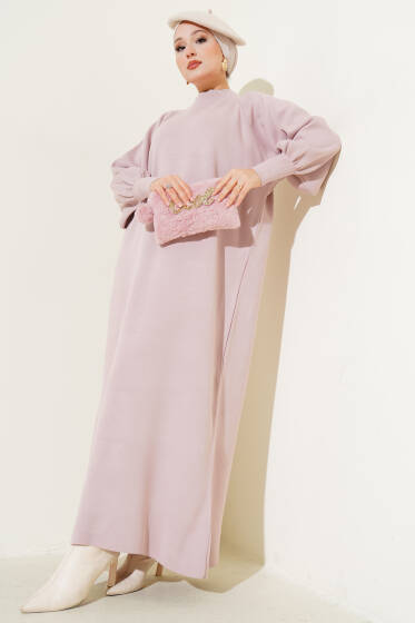 Balon Kol Triko Elbise Pudra - Elbise