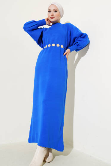 Balon Kol Triko Elbise Saks - Elbise