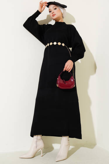 Balon Kol Triko Elbise Siyah - Elbise