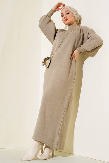 Balon Kol Triko Elbise Vizon - Tesettür Elbise