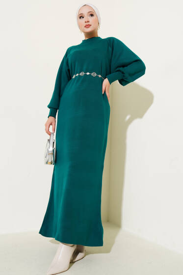 Balon Kol Triko Elbise Zümrüt - Elbise