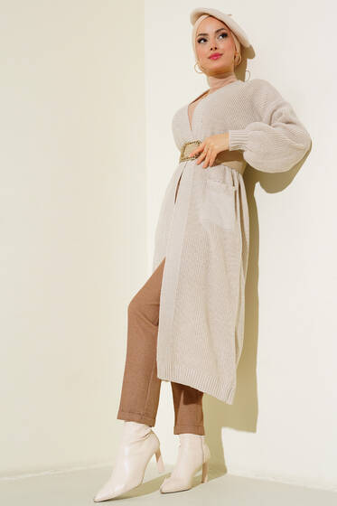 Balon Kol Triko Hırka Bej - Triko Hırka