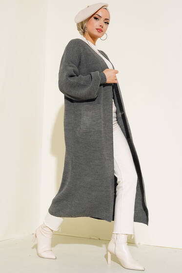 Balon Kol Triko Hırka Füme - Triko Hırka