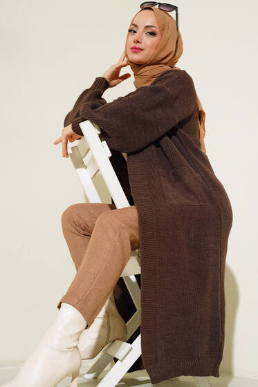 Balon Kol Triko Hırka Kahve - Triko Hırka