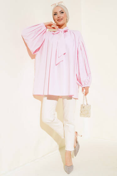 Balon Kol Yaka Bağlamalı Tunik Pembe - Tunik