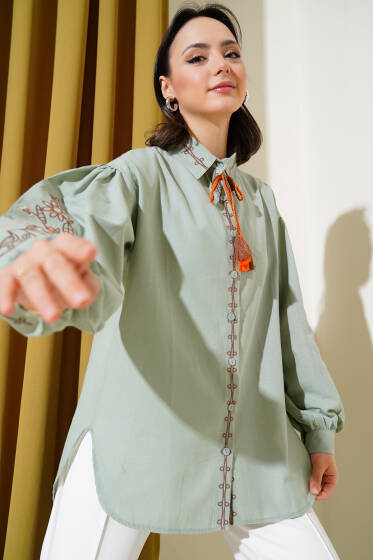 Balon Kol Yaka İpli Nakışlı Gömlek Çağla Yeşili - Gömlek