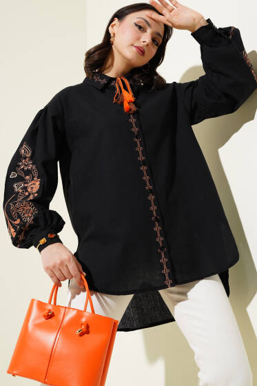Balon Kol Yaka İpli Nakışlı Gömlek Siyah - Gömlek