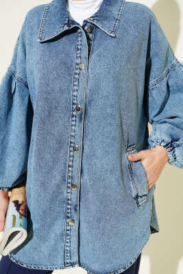 Balon Kol Yandan Cepli Kot Ceket Mavi - Ceket