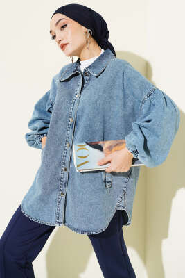 Balon Kol Yandan Cepli Kot Ceket Mavi - BIGDART